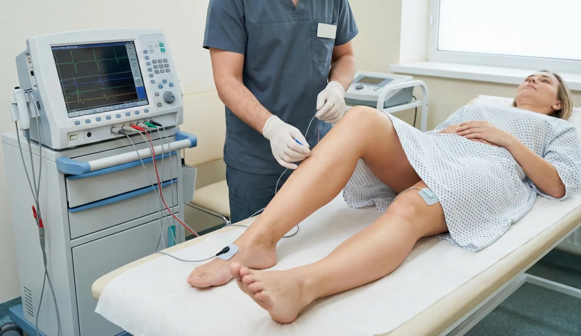 Médico posicionando eletrodo na perna de paciente durante eletroneuromiografia de membros inferiores