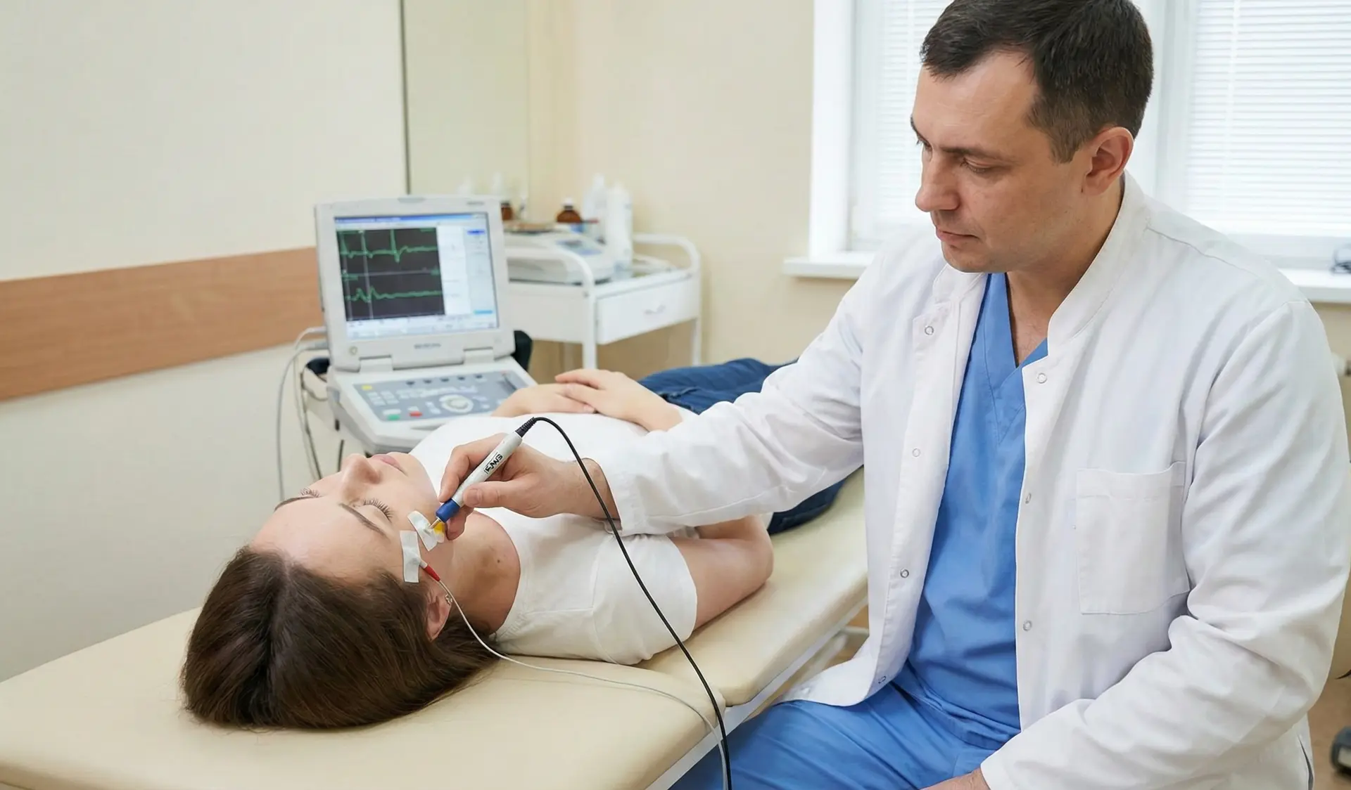 Tela de equipamento de neurofisiologia exibindo traçado de estimulação nervosa repetitiva