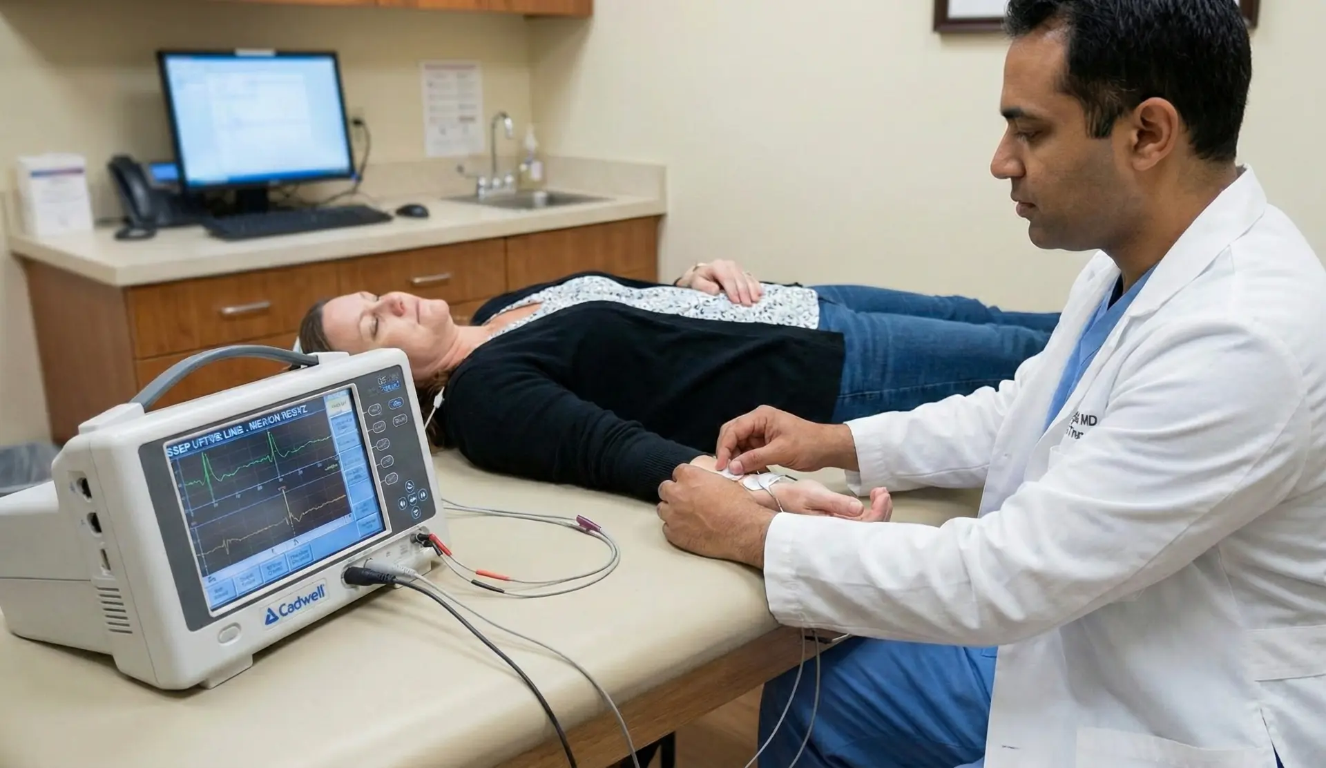 Médico realizando potencial evocado somatossensitivo com eletrodo no punho do paciente